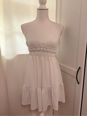 Inspire White Smocked Waist Tiered Mini Dress
